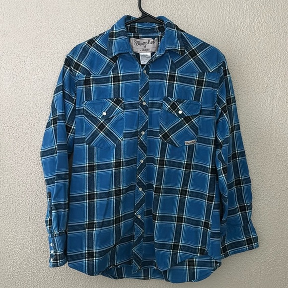 Mens Wrangler Wrancher Pearl Snap Button Shirt Blue Plaid Western Cowboy Medium - Picture 1 of 5